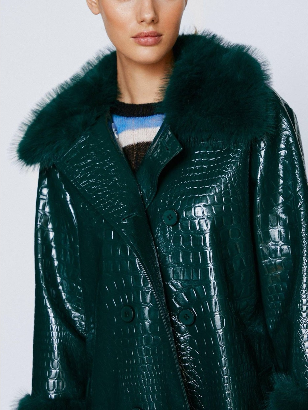 Nasty Gal Faux Vinyl Croc Coat With Faux Fur Trim - Dark Green